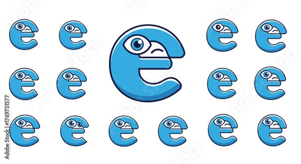 Fototapeta A whimsical and abstract blue character, resembling the letter 'e' with a distinct face, is repeated in a grid pattern against a stark black background, creating a visually engaging and modern