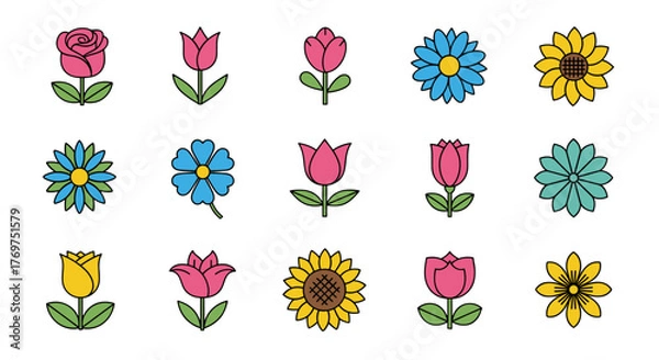 Fototapeta Collection of stylized, colorful, flat design flowers including roses, tulips, sunflowers, and daisies, set against a black background, perfect for spring, summer, and floral-themed graphic resources.