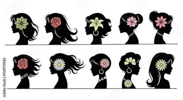 Fototapeta Collection of ten diverse female profile silhouettes adorned with various floral elements and jewelry, presented against a stark black background, symbolizing beauty, nature, and individuality in a