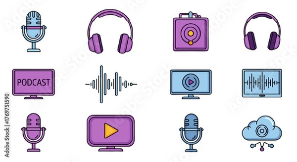 Fototapeta Collection of modern flat icons representing podcasting and audio recording equipment, including microphones, headphones, sound waves, and playback devices, perfect for digital media and broadcasting