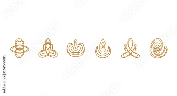 Fototapeta A collection of six abstract golden Celtic knot-inspired symbols and icons, presented on a stark black background, evoking a sense of ancient mystery, spiritual connection, and timeless design