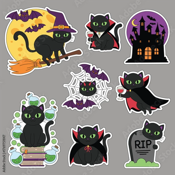 Obraz Halloween sticker set featuring a black cat. Vector illustration.