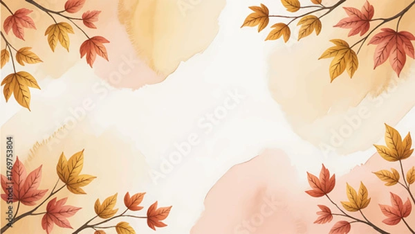 Fototapeta Watercolor Autumn Leaves Border Background, Hand-Painted Fall Maple Foliage Frame Vector, Golden Autumn Watercolor Background with Copy Space, Abstract Warm Yellow Fall Leaves Banner