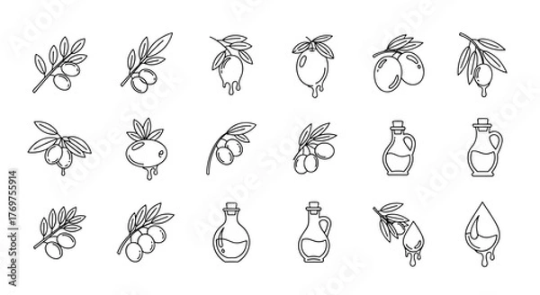 Fototapeta A collection of minimalist line art icons and illustrations featuring olive branches with olives and bottles of olive oil, perfect for food and beverage branding, culinary websites, and healthy