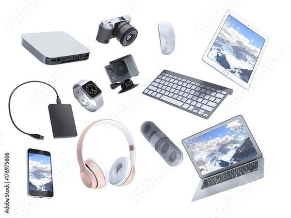 Fototapeta collection of consumer electronics flying in the air 3D render on white background