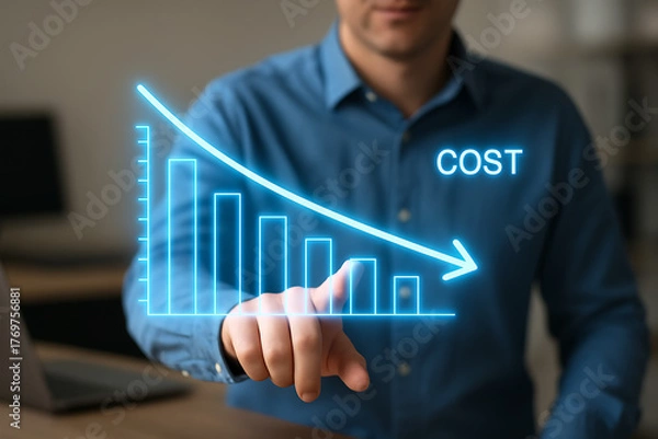 Fototapeta Businessman pointing at a decreasing bar graph with a downward arrow and cost text, signifying successful business expense reduction and efficiency