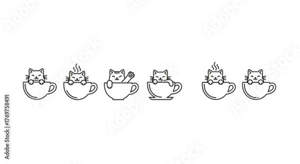 Fototapeta A charming set of six minimalist line art illustrations featuring adorable cats peeking out of coffee cups, perfect for adding a touch of whimsy and warmth to designs related to pets, beverages, or