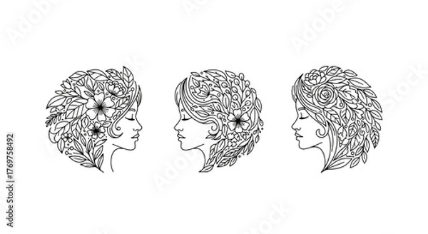 Fototapeta Three stylized female profiles with intricate floral and leaf-patterned hair, rendered in a delicate white line art style against a stark black background, evoking a sense of natural beauty and