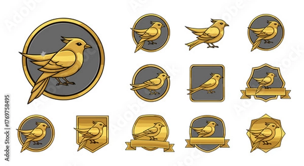 Fototapeta Collection of golden canary bird emblems and icons, featuring a variety of stylized designs with metallic gold accents and dark grey backgrounds, perfect for logos, badges, and branding elements