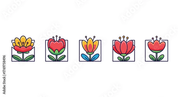 Fototapeta Set of five stylized, colorful floral icons featuring red and yellow flowers with green stems and leaves, presented within square frames against a black background, perfect for graphic design and