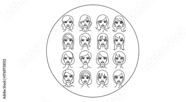 Fototapeta A striking collection of sixteen diverse female faces, rendered in a bold white outline against a stark black background, arranged in a grid within an oval frame, symbolizing individuality and
