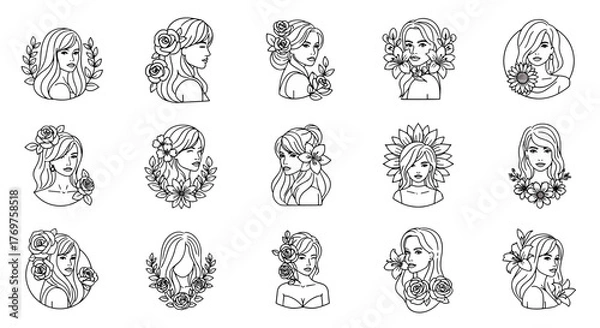 Fototapeta Collection of 15 elegant line art illustrations of women's faces adorned with various flowers and foliage, presented in a clean, minimalist white outline style on a black background, perfect for