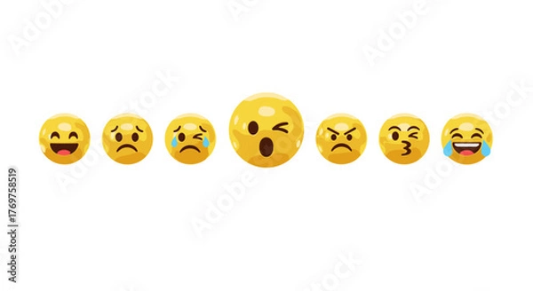 Fototapeta A vibrant collection of diverse emoji faces showcasing a spectrum of human emotions, from joy and laughter to sadness and anger, presented against a stark black background for maximum visual impact