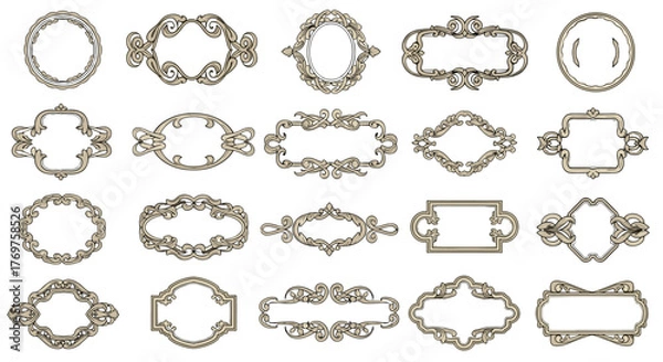 Fototapeta Collection of 20 ornate, vintage, baroque, and rococo style decorative frames and borders with intricate scrollwork and flourishes, isolated on a black background, perfect for invitations