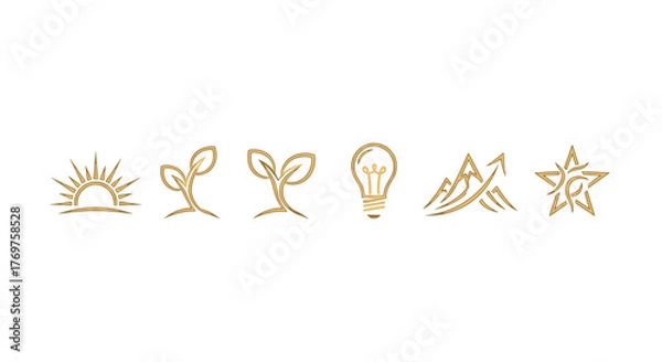 Fototapeta Set of six golden line art icons on a black background, symbolizing growth, ideas, and achievement: sunrise, seedling, sprout, lightbulb, upward arrow through mountains, and a starburst.
