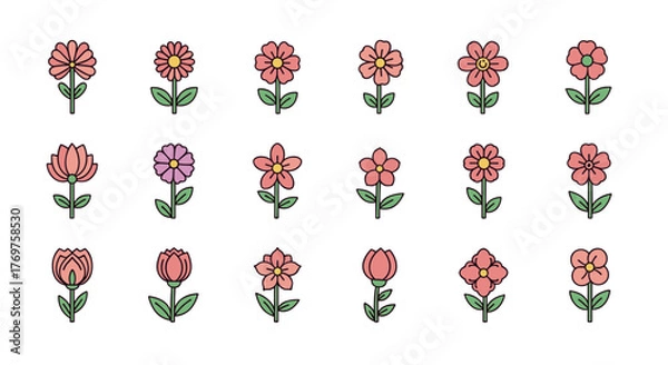 Fototapeta Collection of 15 stylized, flat design flower icons in pastel pink and peach hues, set against a stark black background, showcasing diverse floral shapes and petal arrangements, perfect for spring