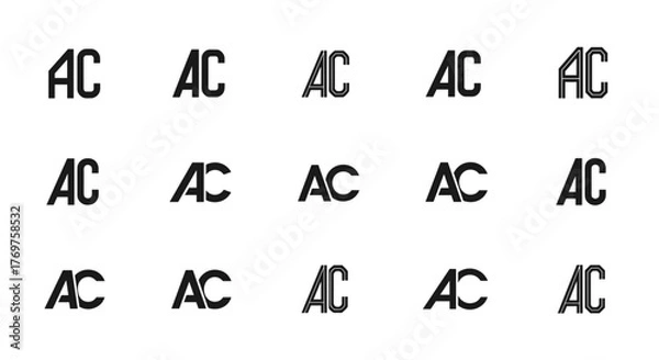 Fototapeta A collection of 15 distinct 'AC' monogram logos, each presented in a unique typographic style and subtle variations of grey against a black background, showcasing versatility for branding and graphic