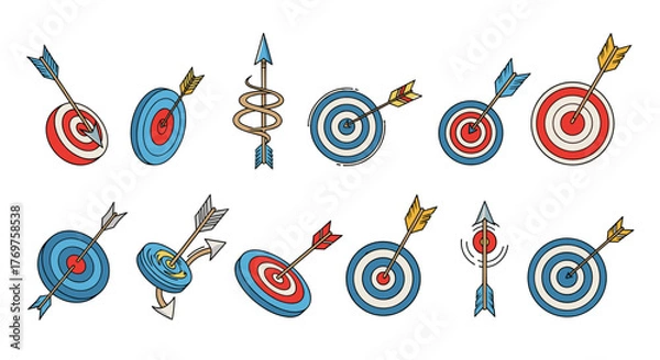 Fototapeta Collection of stylized archery targets with arrows hitting the bullseye, some targets are tilted and some arrows are in motion, presented on a black background, representing accuracy, precision, and