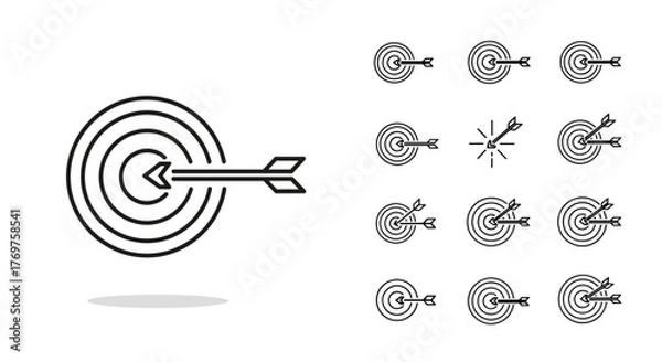 Fototapeta Set of target and arrow icons in outline style, representing goals, success, and precision. Includes a large central target with an arrow and multiple smaller targets with arrows, symbolizing
