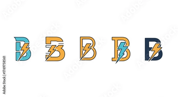 Fototapeta Set of five stylized letter B logos with lightning bolt accents in vibrant blue, orange, and dark blue color variations, perfect for technology, energy, or sports branding, conveying power and speed.