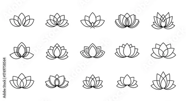 Fototapeta Collection of 15 stylized lotus flower icons in white outline on a black background, representing purity, enlightenment, and rebirth, perfect for yoga studios, meditation apps, and wellness brands.