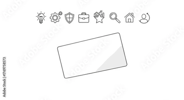 Fototapeta A clean, modern, minimalist graphic design featuring a blank white rectangular card or screen with a subtle gradient reflection, set against a black background, surrounded by a row of simple, white