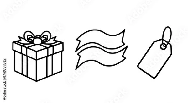 Fototapeta Modern Shopping Essentials Gift Box, Ribbon, Price Tag Vector Icon Set