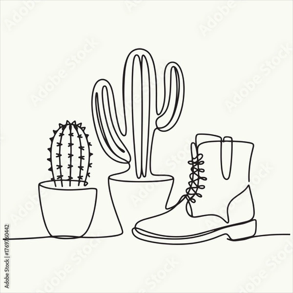 Fototapeta Continuous one line drawing of a boot and desert cactus plants. Modern minimalist vector art still life illustration