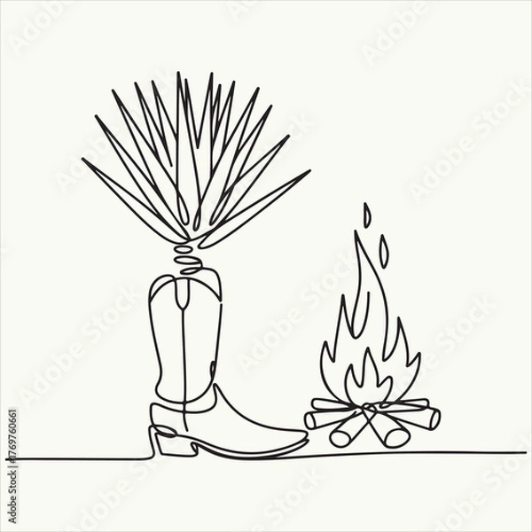 Fototapeta Western Scene Line Art Cactus, Cowboy Boot, and Campfire, Conceptual Illustration