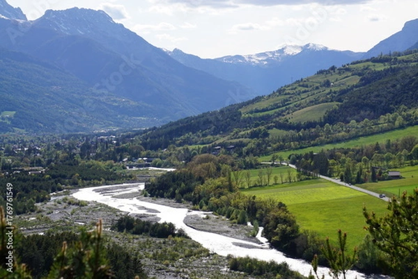 Obraz panoramic view of the town of Barcelonnette and valley, southern Alps, France in the spring
