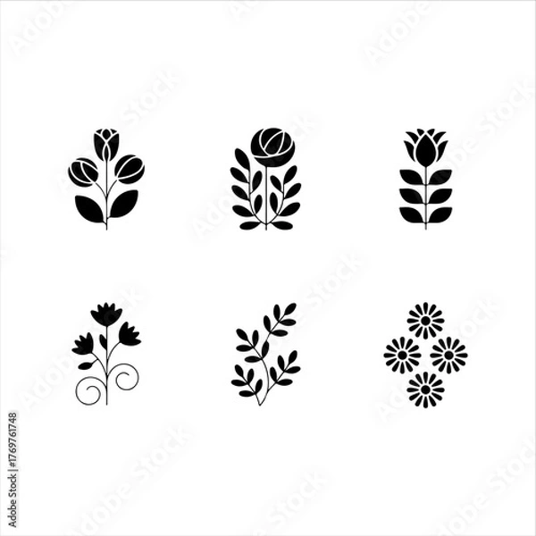 Fototapeta collection of 6 floral pattern motifs, simple shapes, solid black vector fill, white background