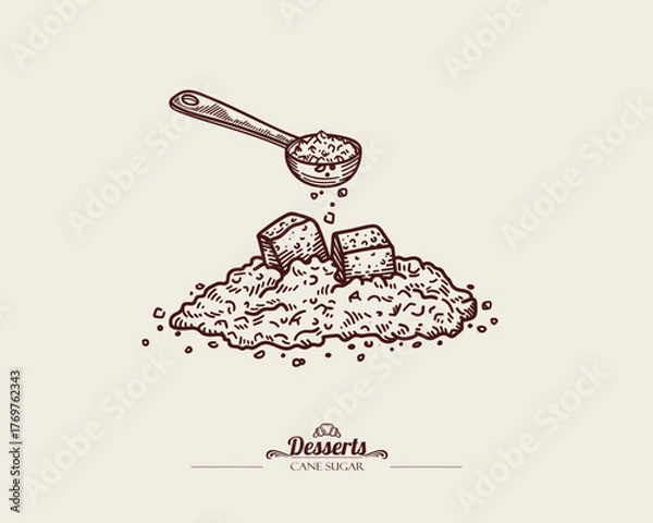 Fototapeta Pile of brown sugar. Line art of sugar cubes. Unrefined brown cane sugar in spoon.