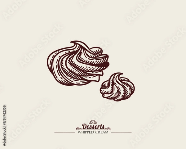 Fototapeta Crispy twisted meringues. Whipped cream decoration. Vintage line drawing. Vector line art