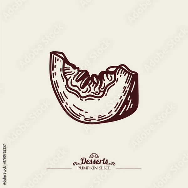 Fototapeta Illustration of cut pumpkin slice with seeds. Vintage line drawing. Vector line art