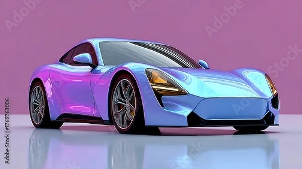 Fototapeta Sleek modern sports car with a vibrant blue and purple metallic finish, positioned against a soft pink backdrop, showcasing its aerodynamic design and innovative features in a striking visual display