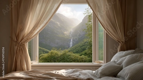 Obraz Cozy bedroom with open window, thin curtains flowing, outside exotic mountain view with waterfalls, soft morning light