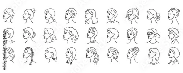 Fototapeta Diverse set of woman profile illustrations for modern brand identity and inclusive design projects, representing beauty, diversity, and style variations