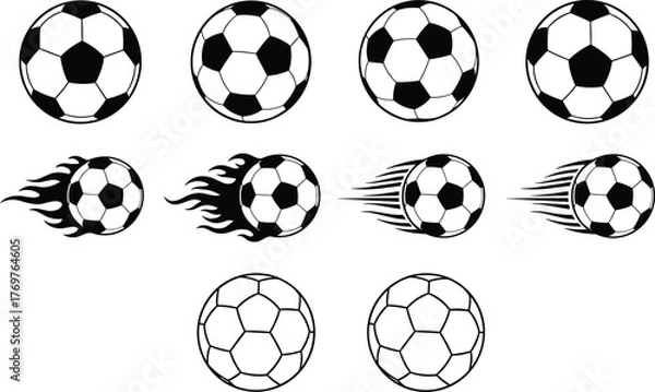Obraz Soccer ball icon, football graphic, sports symbol, motion effect, black and white, speed lines, flame trail, flat vector illustration
