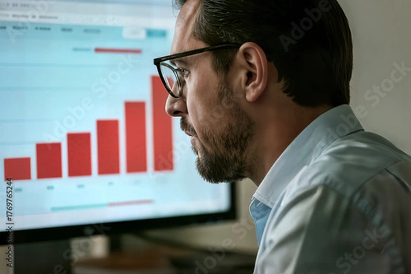 Fototapeta young businessman working concept financial data analytics using tv multimedia evening office joven empresario trabajando en análisis financiero utilizando televisión multimedia la oficina por noche