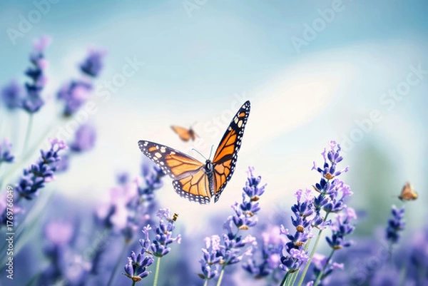 Fototapeta Monarch butterfly hovering over lavender flowers in a serene garden setting
