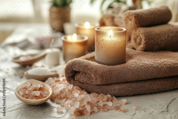 Fototapeta Relaxing spa setting with candles, towels, and Himalayan salt crystals for wellness