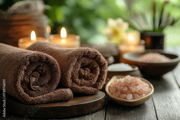 Fototapeta Spa setting with rolled towels, candles, and salt for relaxation and wellness