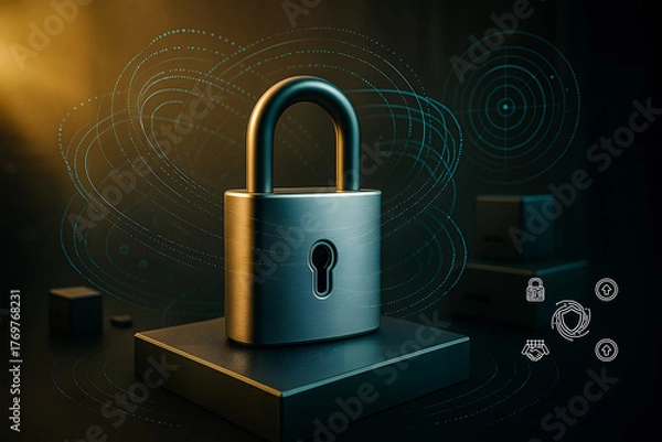 Fototapeta Metal padlock with futuristic data streams for cybersecurity