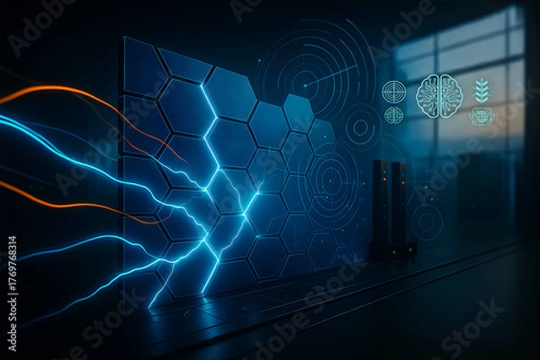 Fototapeta Futuristic firewall with hexagonal pattern blocking data streams