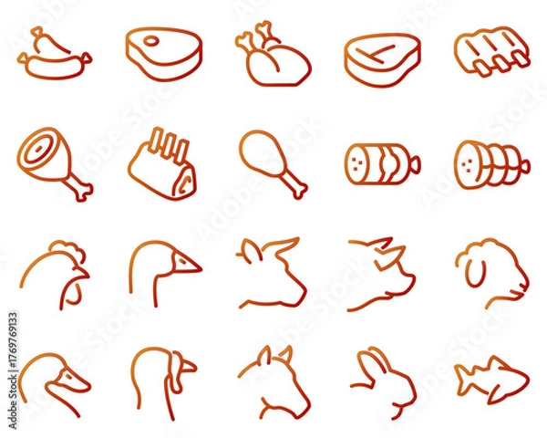 Fototapeta Simple set of meat vector icons. Contains icons such as pork, beef, goose, rabbit, duck, horse, turkey, fish and more.	