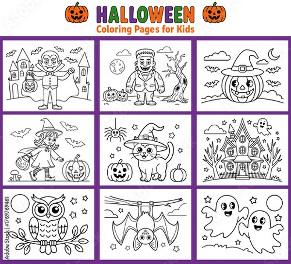 Fototapeta Halloween coloring pages for kids featuring spooky characters like a vampire, witch, cat, haunted house, owl, bat, ghosts, and pumpkins in fun, engaging scenes
