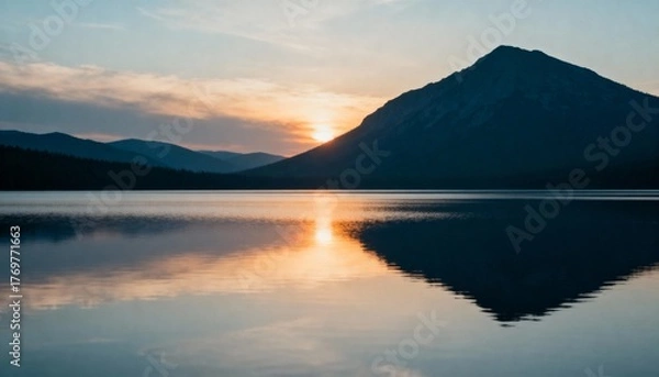 Obraz Sunset over lake and mountain silhouette