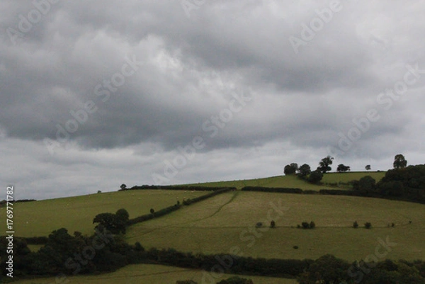 Fototapeta Fields and farmhouses across the countryside of Devon underneath the summer sun