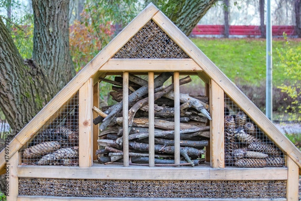 Fototapeta Decorative wooden insect hotel with compartments mounted in autumn park for supporting beneficial wildlife in Warsaw. High quality photograph.
