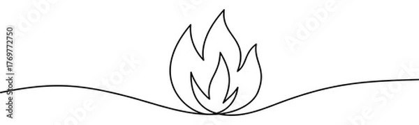 Fototapeta Campfire Flame, minimalist ecological and environmental concept symbol, continuous line design, isolated on transparent background, vector illustration